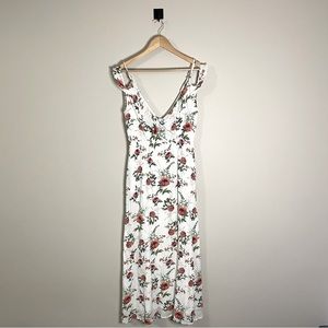 Listicle Floral Maxi Dress White with Red Flower Print Off Shoulder Ruffle